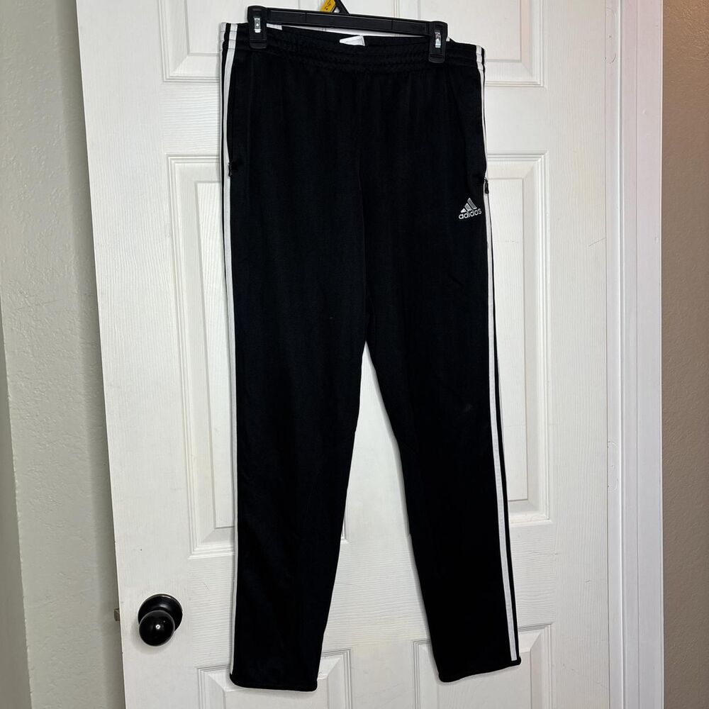 Adidas Large Black 3-Stripes Athletic Track Pants Joggers with Zip Pockets